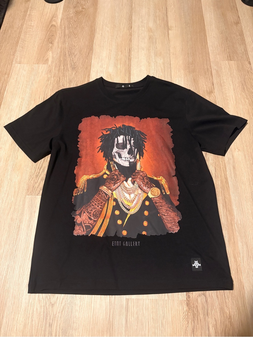 Gallery Black Tee with Orange and Gold Skull Officer Graphic